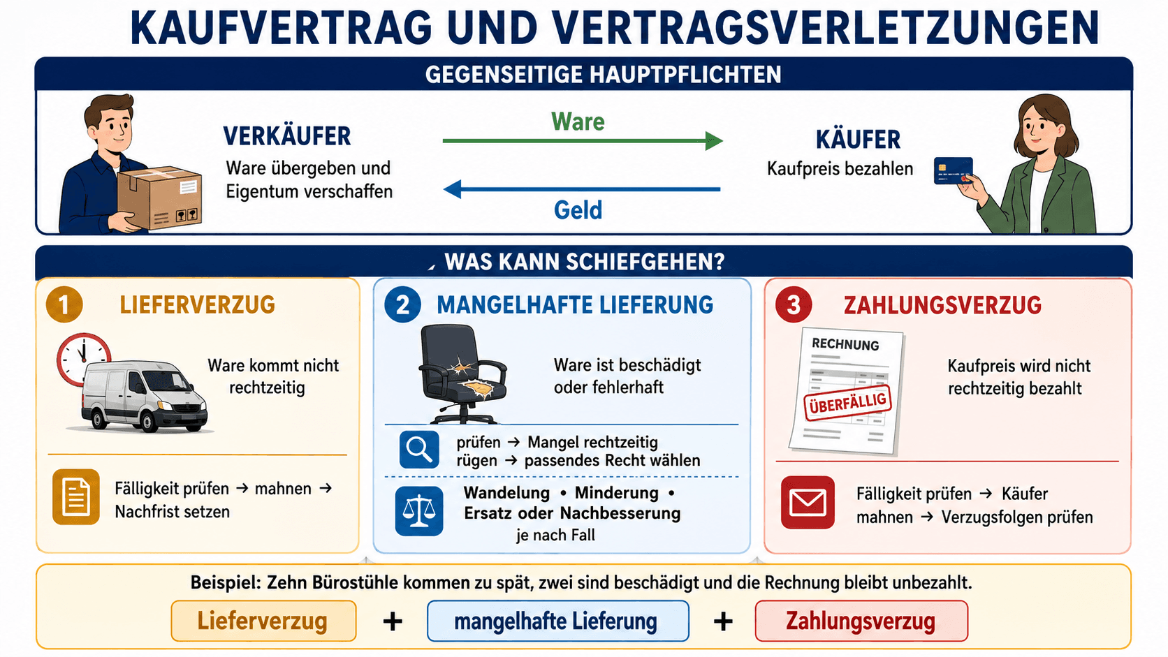 Hauptpflichten beim Kaufvertrag und Vorgehen bei Lieferverzug, mangelhafter Lieferung und Zahlungsverzug
