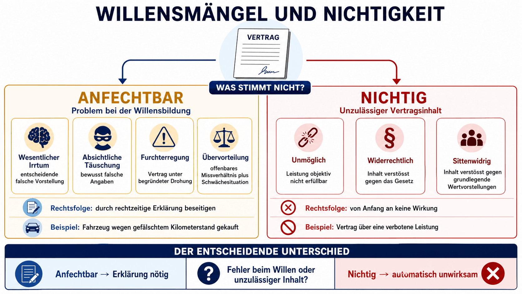 Vergleich zwischen anfechtbaren Verträgen wegen Willensmängeln und nichtigen Verträgen wegen unzulässigen Inhalts