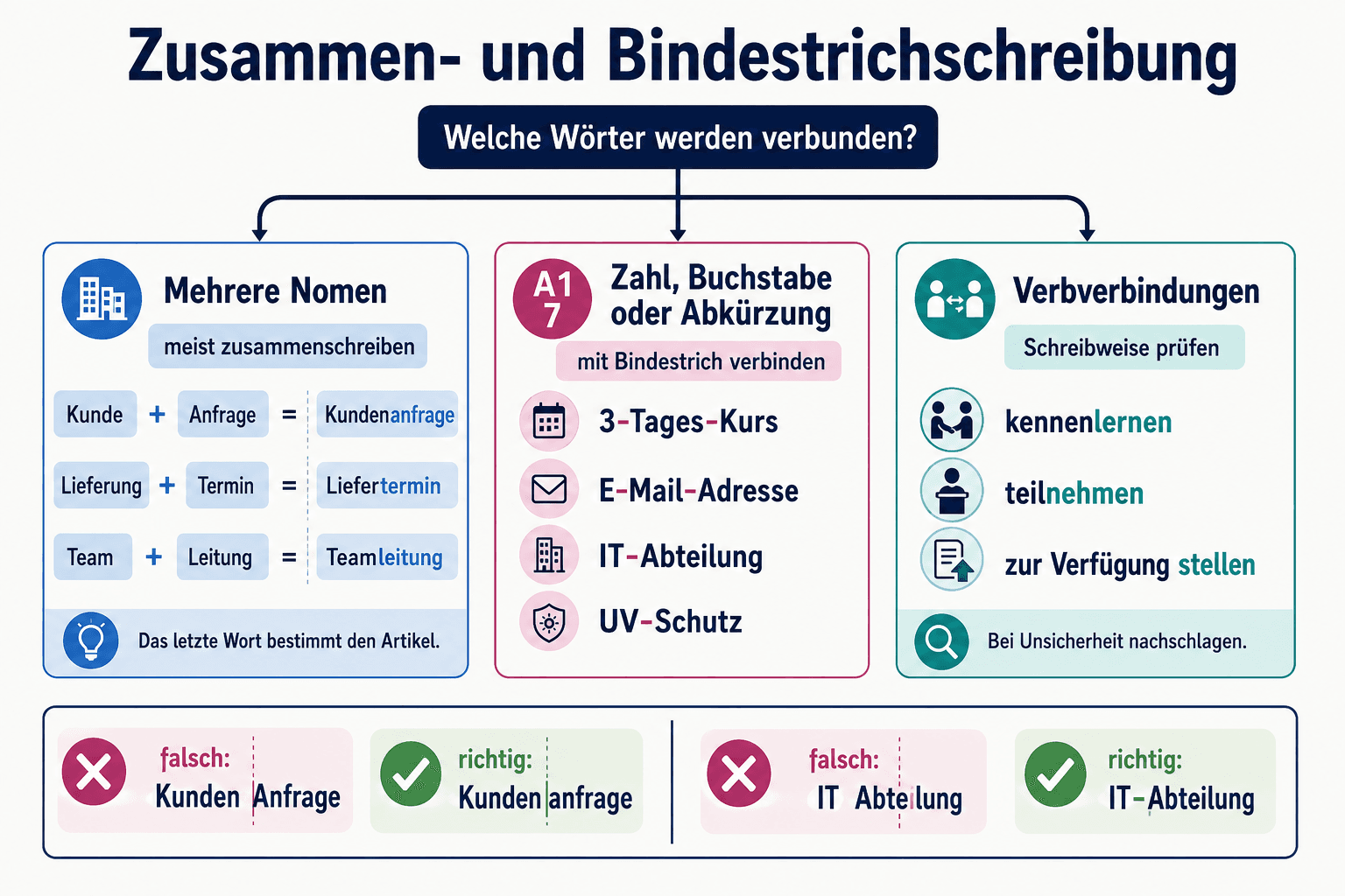 Entscheidungsgrafik zur Zusammen- und Bindestrichschreibung mit zusammengesetzten Nomen, Abkürzungen, Zahlen und Verbverbindungen