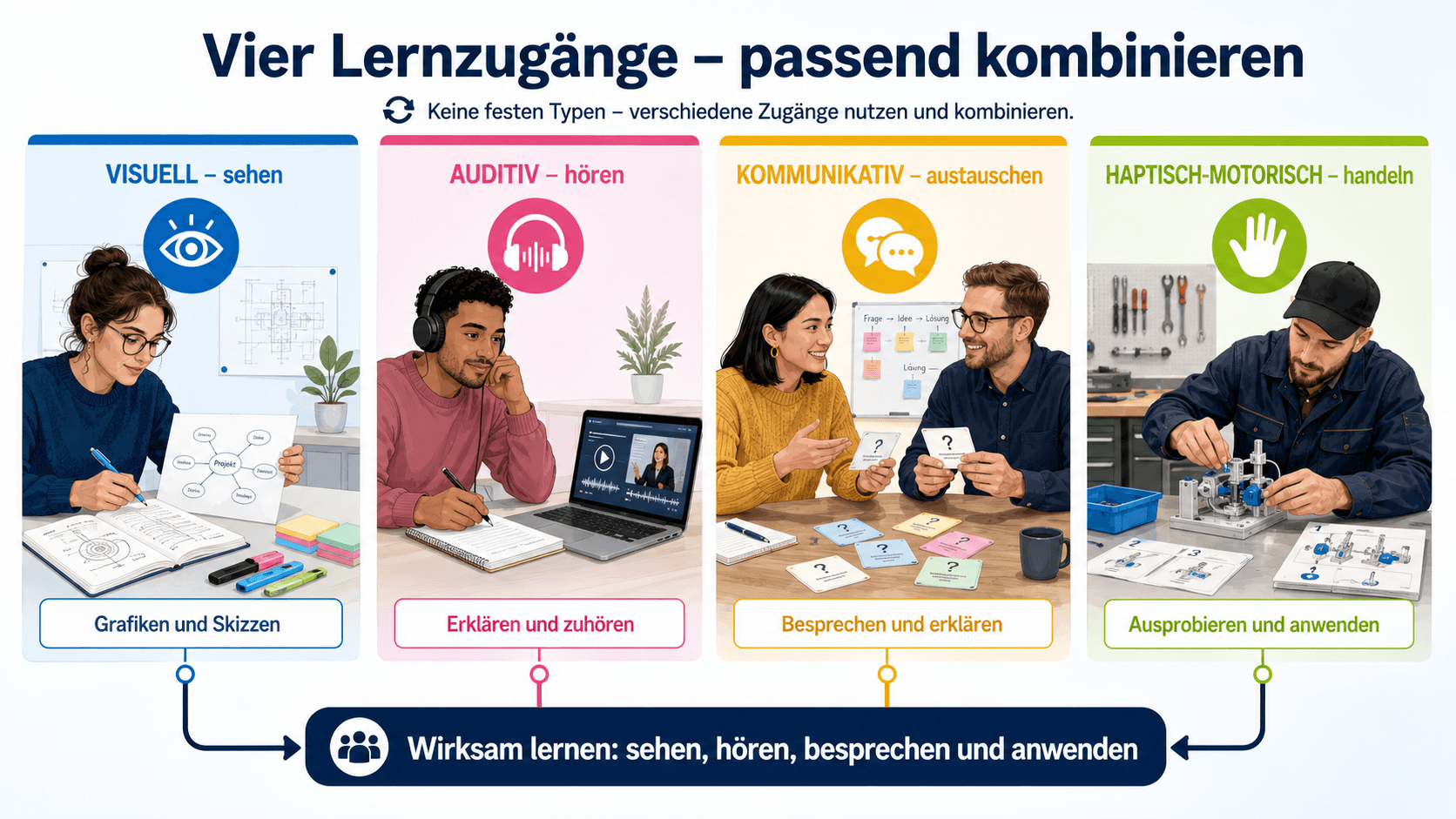 Vier Lernzugänge mit Bildern für visuelles, auditives, kommunikatives und haptisch-motorisches Lernen
