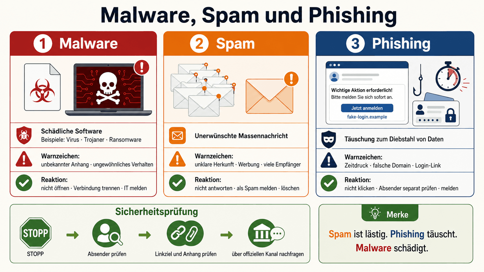 Infografik zur Unterscheidung von Malware, Spam und Phishing mit Warnzeichen, passenden Reaktionen und einer gemeinsamen Sicherheitsprüfung