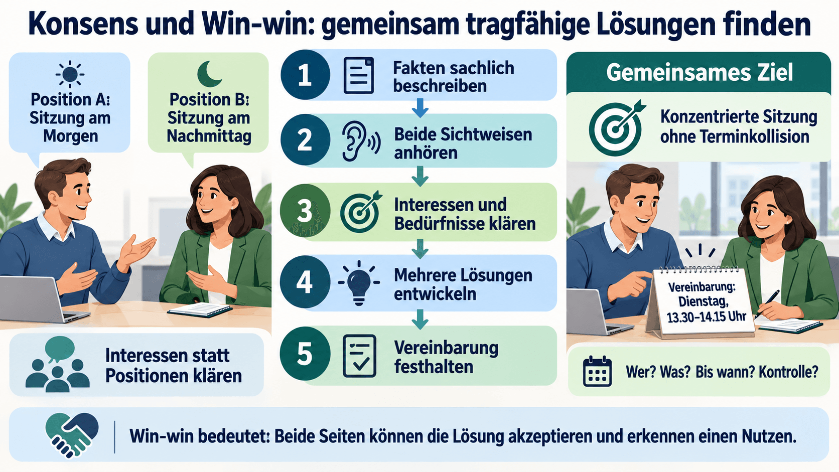 Fünf Schritte vom Klären unterschiedlicher Positionen und Interessen zu einer konkreten Konsens- und Win-win-Vereinbarung